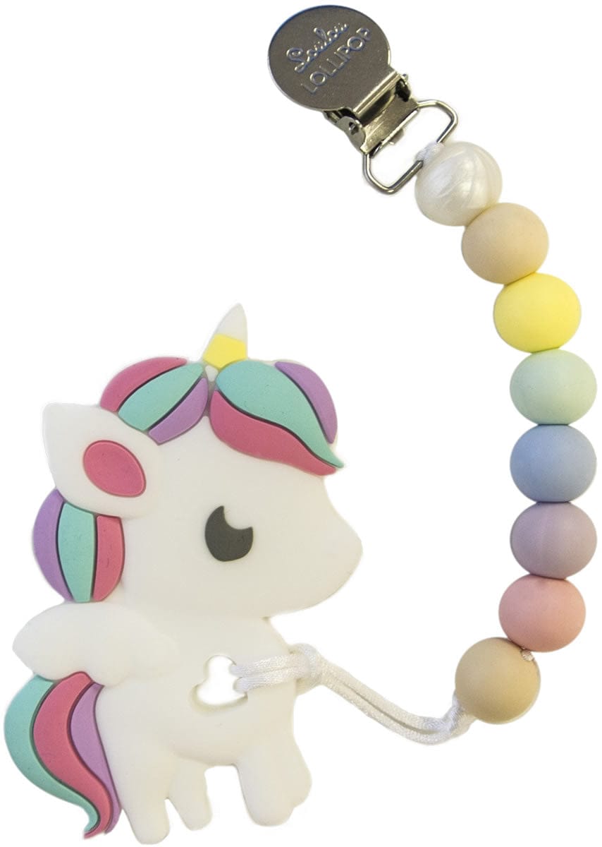 Loulou Lollipop Silicone Teether with Clip - Rainbow Unicorn/Cotton Candy - RBUNICORNCC