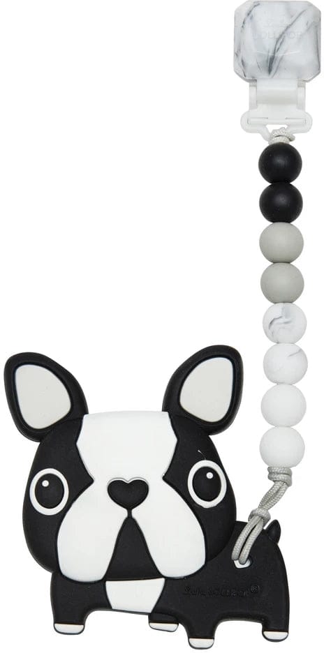 Loulou Lollipop Silicone Teether with Gem Clip - Boston Terrier/Black