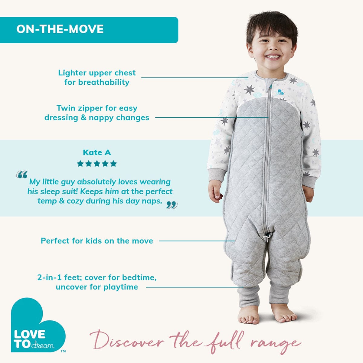 Love To Dream Long Sleeve Sleep Suit Organic Cotton Mild, 12-24 M - Dusty Pink - L41-19-001-DPK-12-24M