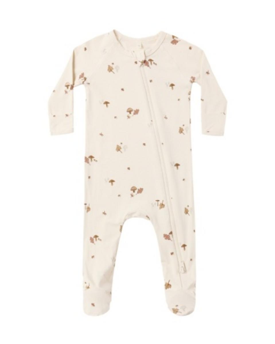 Quincy Mae cream footed sleeper with brown mushroom and leaf print