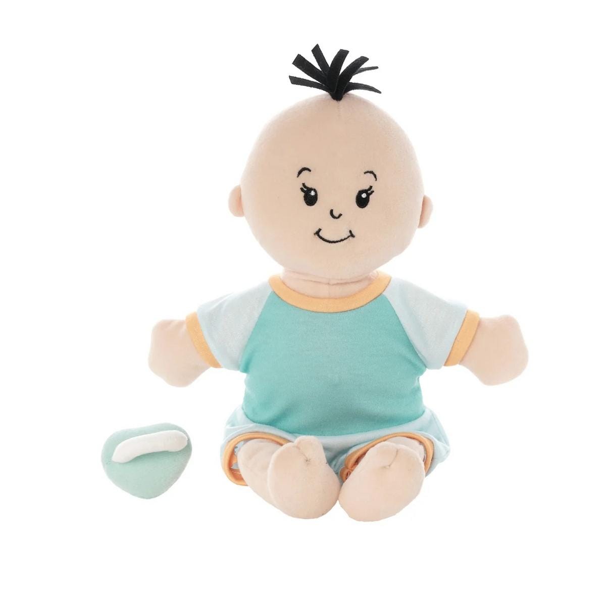 Manhattan Toy soft baby doll with teal shirt and matching pacifier