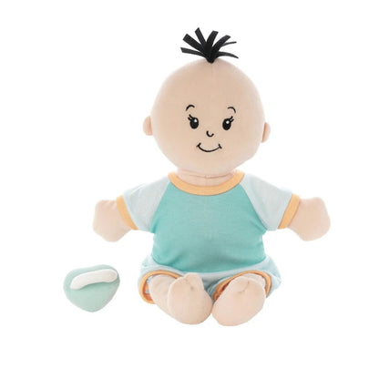 Manhattan Toy soft baby doll with teal shirt and matching pacifier