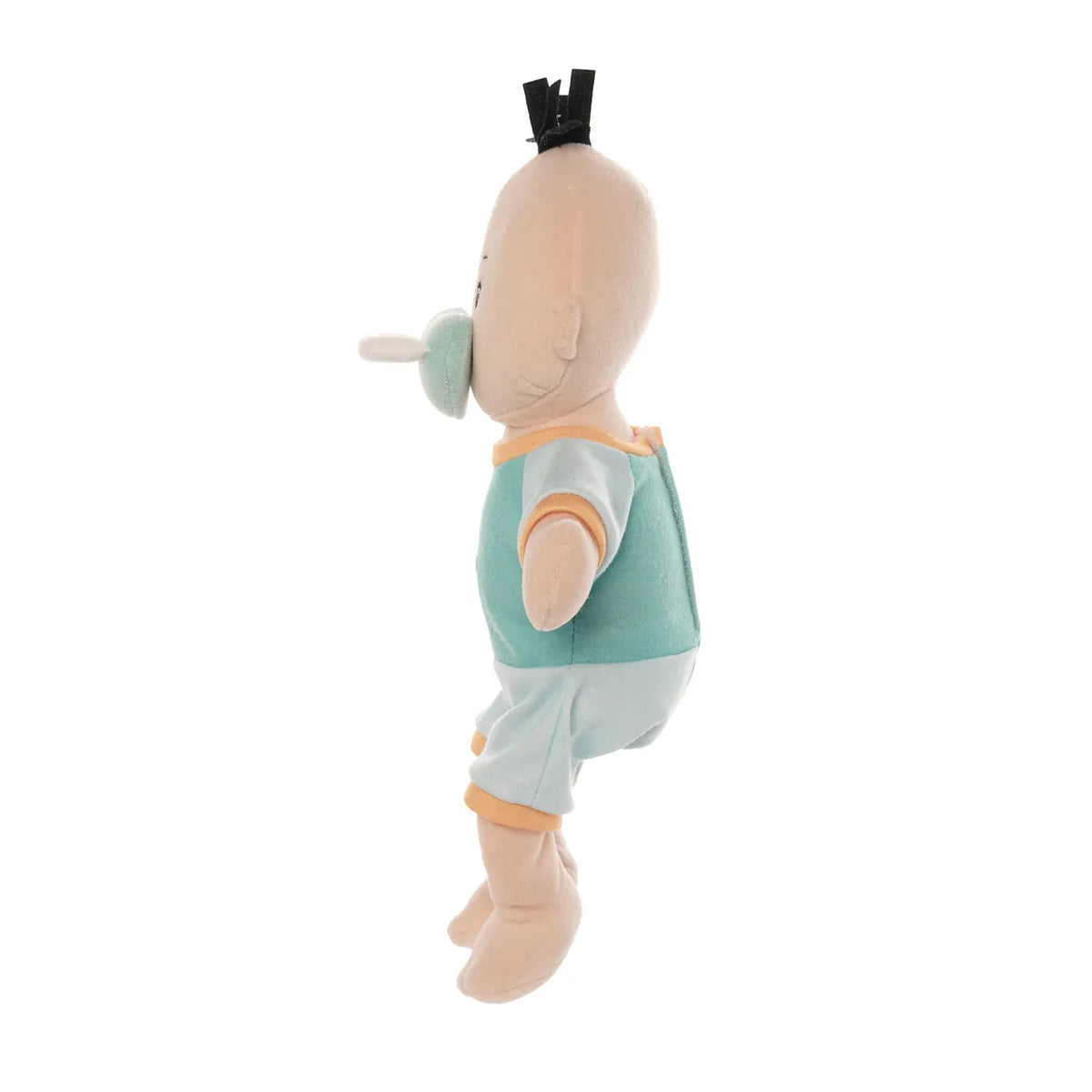 Side view of Manhattan Toy plush baby doll with pacifier and teal outfit