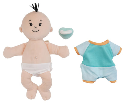 Manhattan Toy baby doll with a pacifier and a blue and orange outfit