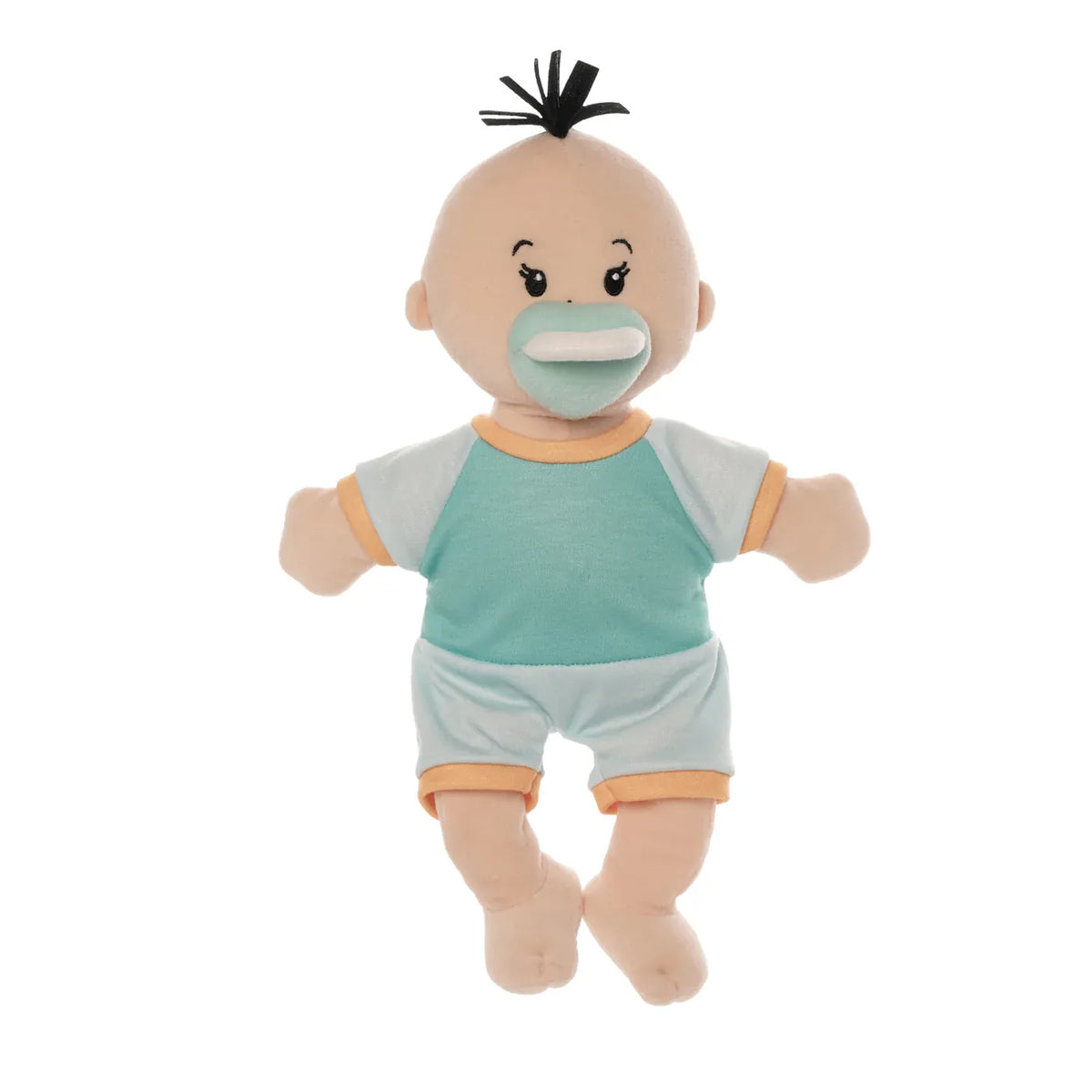 Manhattan Toy soft baby doll with a pacifier wearing a teal and light blue outfit