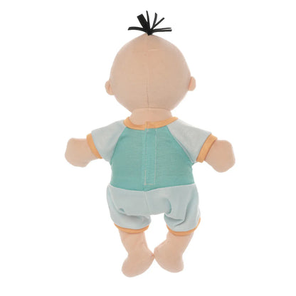 Back view of Manhattan Toy baby doll with a single tuft of black hair wearing a teal and light blue onesie