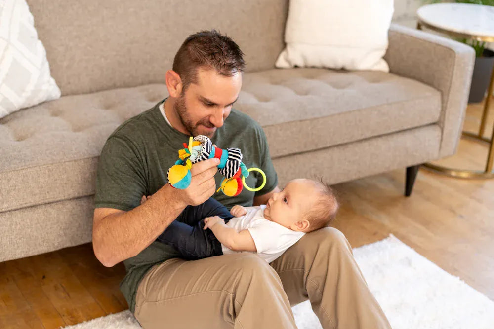 Manhattan Toy rattle held by a man for a baby sitting on his lap