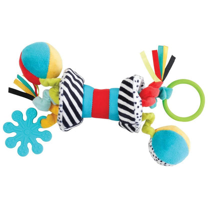 Manhattan Toy sensory dumbbell rattle with fabric textures and silicone teether
