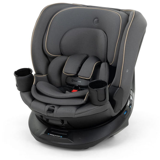 Dark gray textured fabric convertible car seat by Maxi-Cosi with beige stitching, side cup holders, and 360-degree rotating base, front view