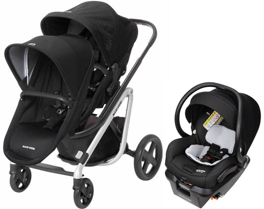 Maxi-Cosi Lila Double Stroller + Mico XP Max Travel System Bundle - Frequency Black / Nomad Black / Essential Black - CV324EYV-CV328ETK-IC387FNA