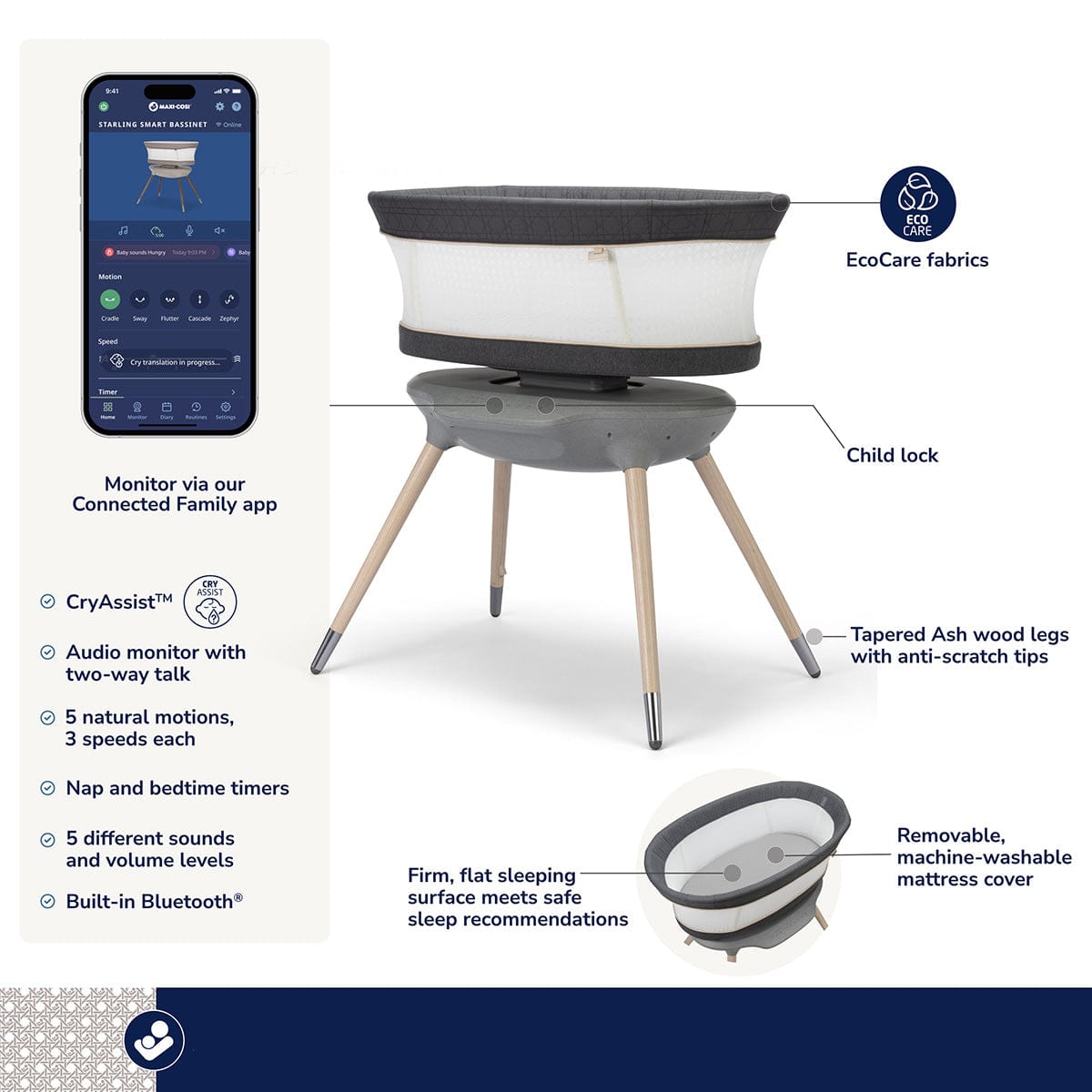 Maxi-Cosi Starling Smart Bassinet - Onyx Heritage - BT099HCV
