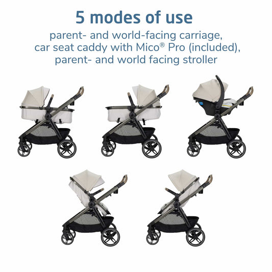 Classic oat 5-in-1 travel system by Maxi-Cosi, featuring beige fabric, black frame, and matching infant car seat with base, shown in studio view.