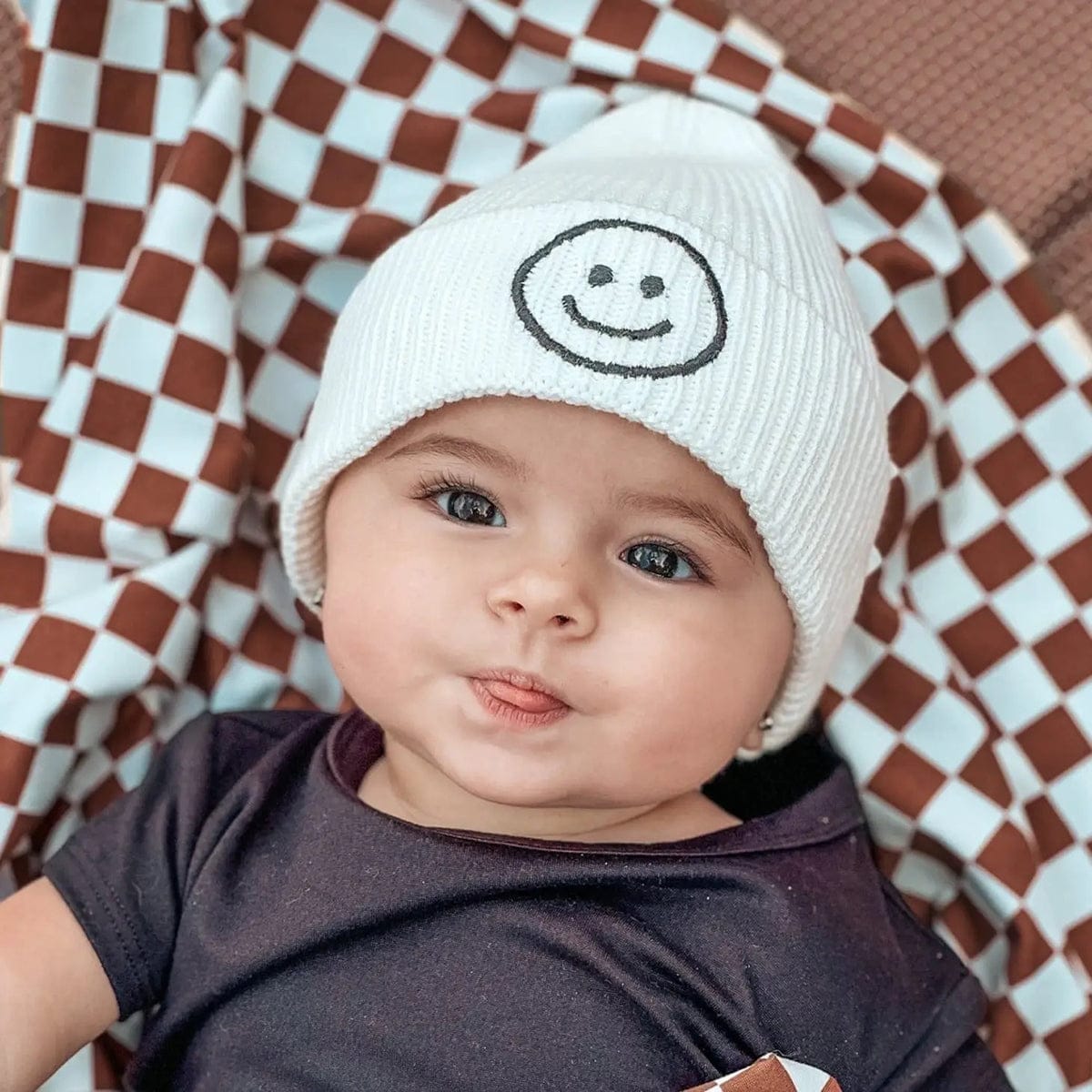 millie+roo Smile Rib Knit Beanie - White (0-1Y) - SM-B-W