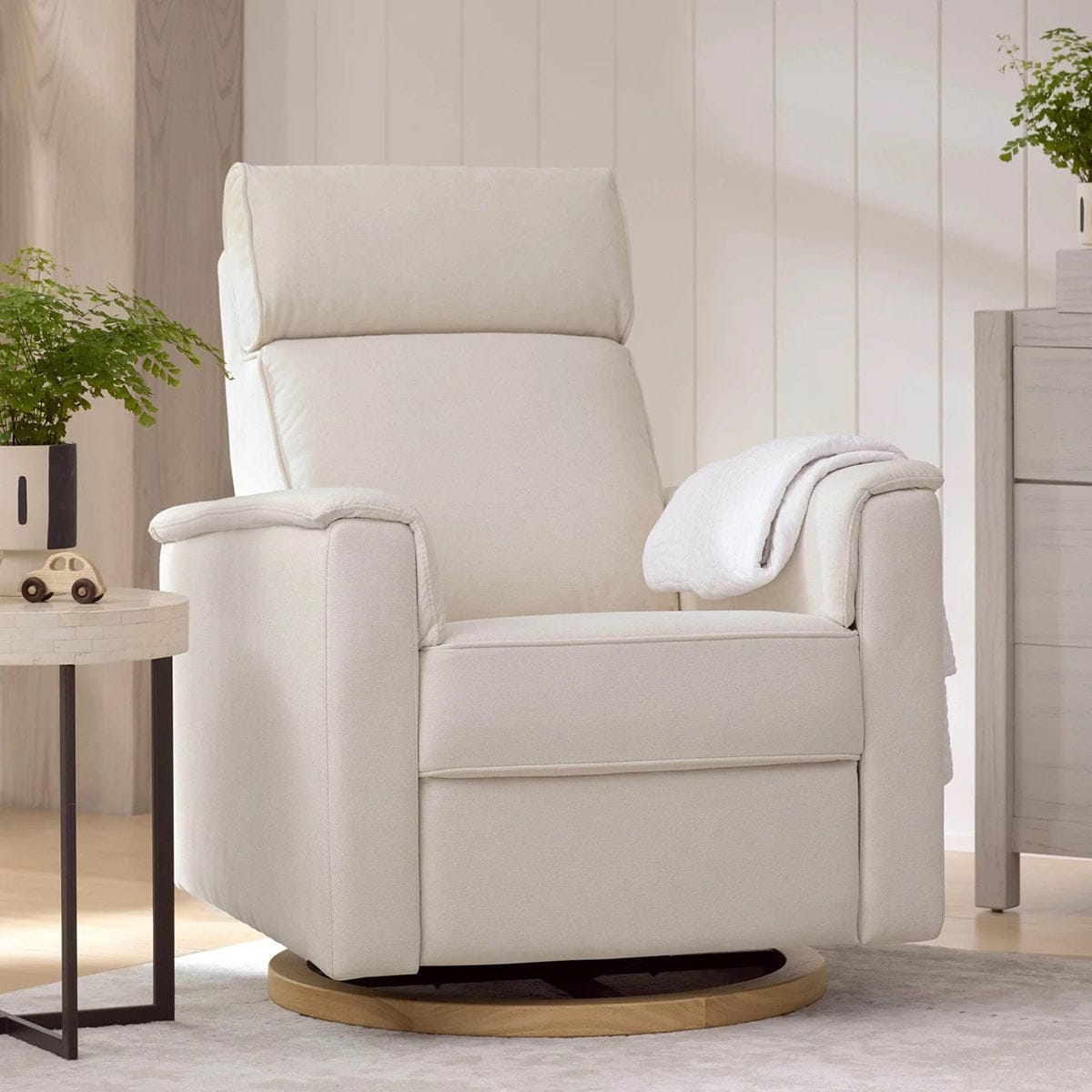 Monogram by Namesake Willa Plus Electric Glider Recliner w/ Electric Headrest - Performance Cream Eco-Weave w/Light Wood Base - B17186PCMEWLB
