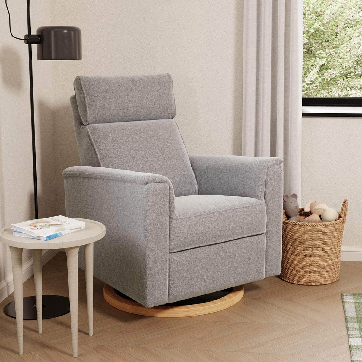 Monogram by Namesake Willa Plus Electric Glider Recliner w/ Electric Headrest - Performance Grey Eco-Weave w/Light Wood Base - B17186PGEWLB