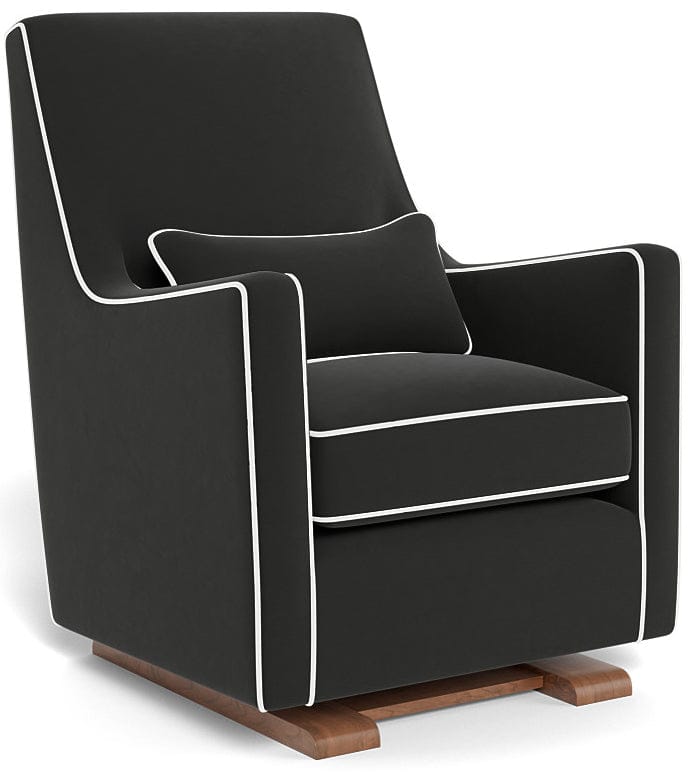 Monte Design Luca Glider - Walnut Base / Black Performance Microfiber Fabric & Pillow / White Piping - LUCA-WAL-BLK-WHT