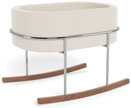 Monte Design Rockwell Bassinet - Chrome / Walnut / Beach Brushed Cotton-Linen Fabric - ROCK-BASS-BEACH