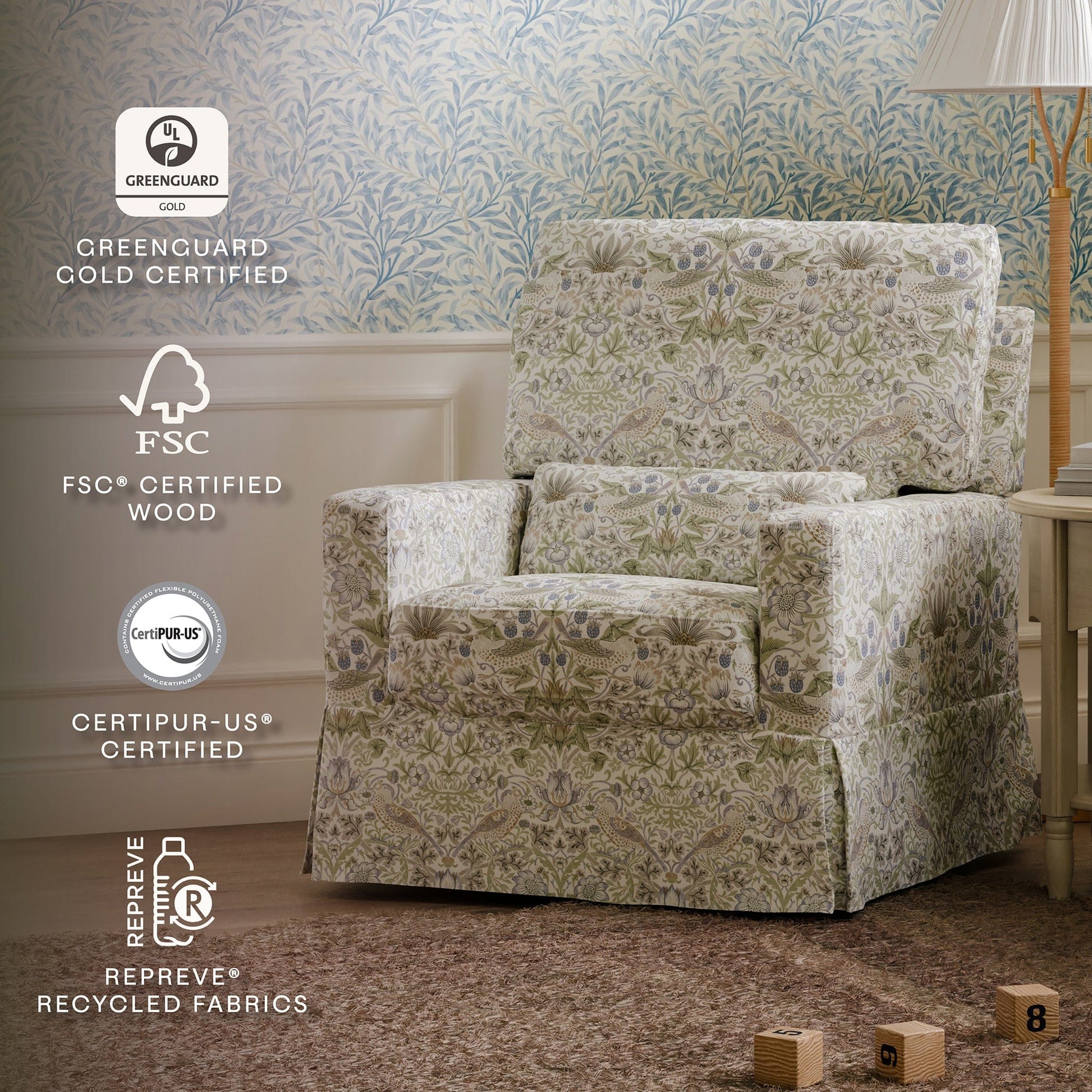Morris & Co. x Namesake Crawford Pillowback Comfort Swivel Glider - Strawberry Thief in Fig & Thyme - M21787TTFT