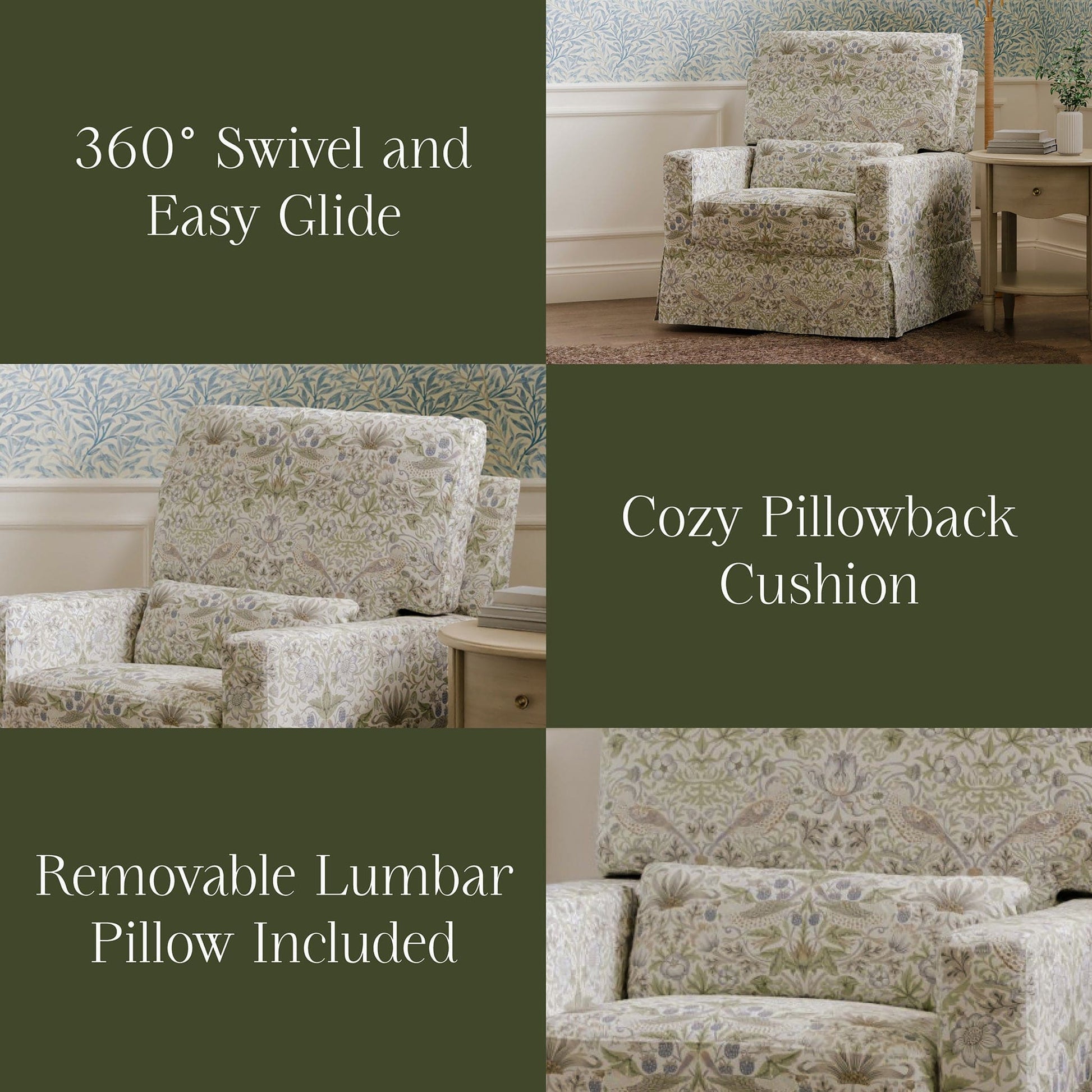 Morris & Co. x Namesake Crawford Pillowback Comfort Swivel Glider - Strawberry Thief in Fig & Thyme - M21787TTFT