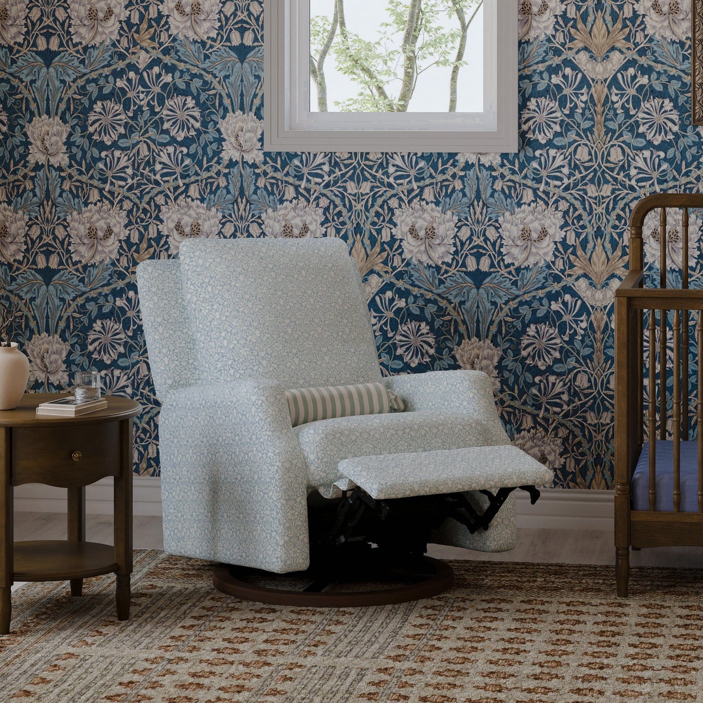 Morris & Co. x Namesake Crewe Swivel Glider Recliner - Bellflowers in Powdered Blue - M22287BPBDB