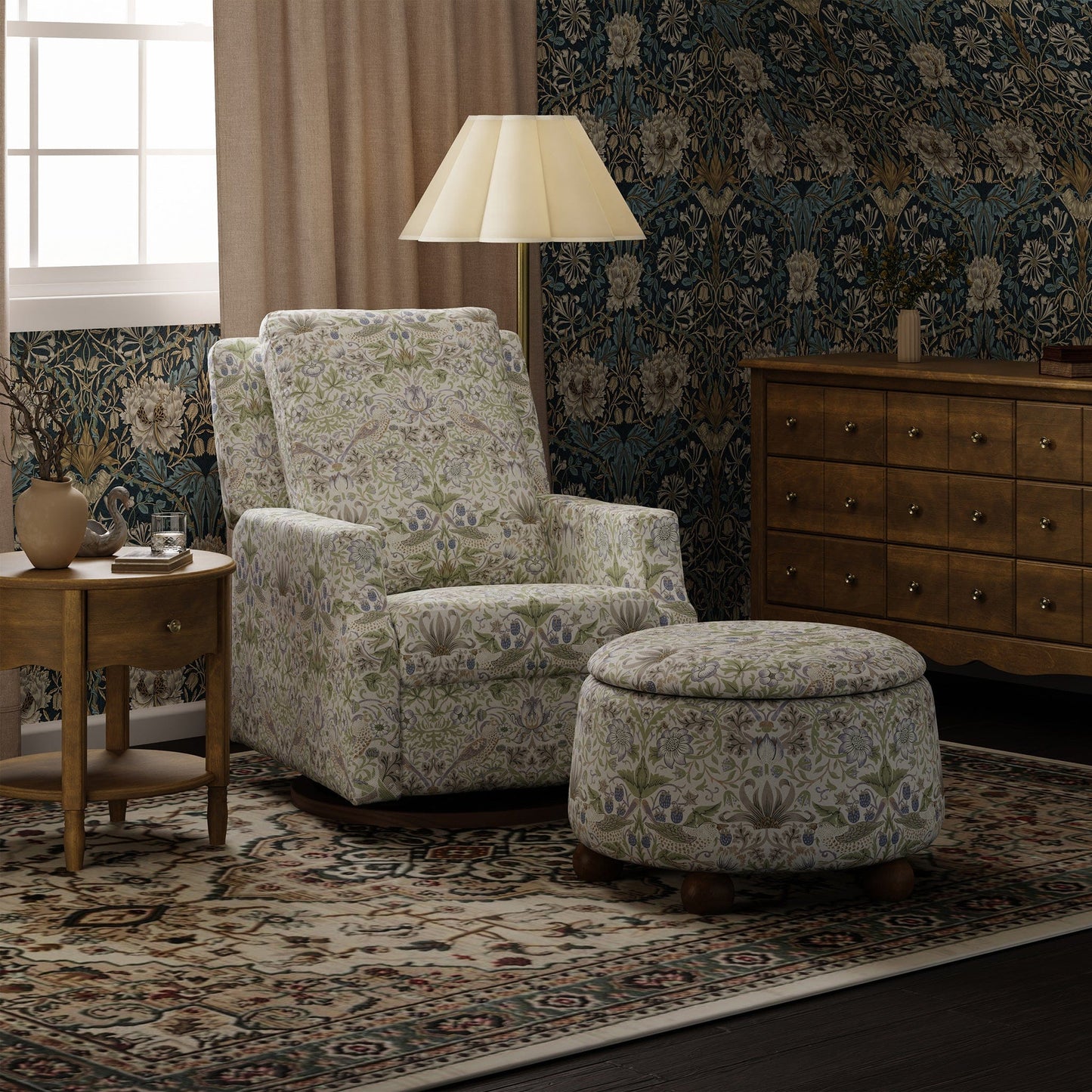 Morris & Co. x Namesake Crewe Swivel Glider Recliner - Strawberry Thief in Fig & Thyme - M22287TTFTDB