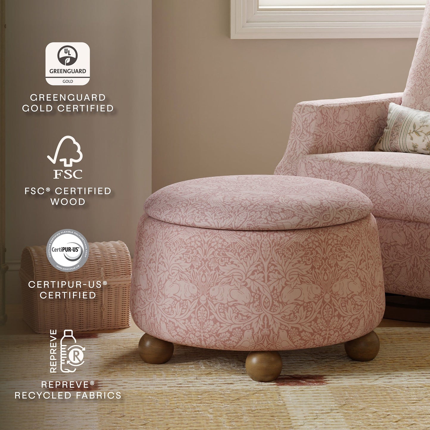 Morris & Co. x Namesake Tuffet Storage Ottoman - Pure Brer Rabbit in Rose - M30985PBRRDF