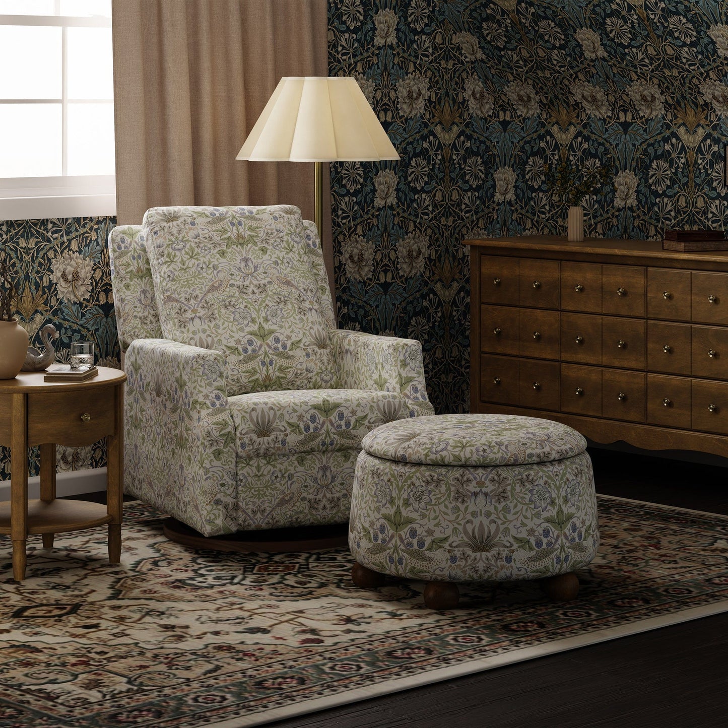 Morris & Co. x Namesake Tuffet Storage Ottoman - Strawberry Thief in Fig & Thyme - M30985TTFTDF