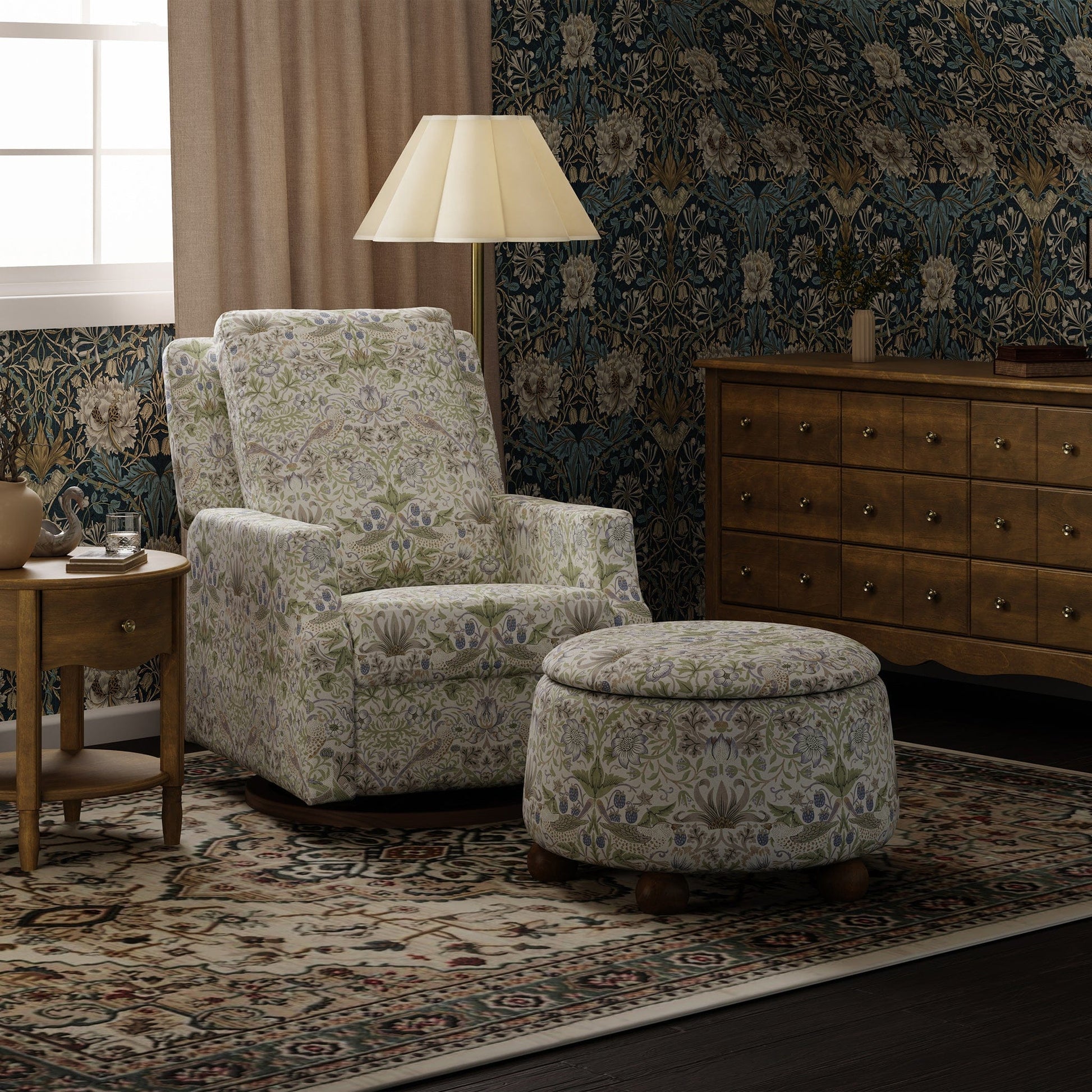 Morris & Co. x Namesake Tuffet Storage Ottoman - Strawberry Thief in Fig & Thyme - M30985TTFTDF