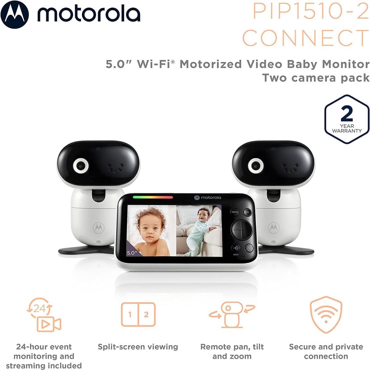 Motorola PIP1510 Connect 5" Wi-Fi Motorized Video Baby Monitor - 2 Camera Pack - PIP1510-2-CONNECT