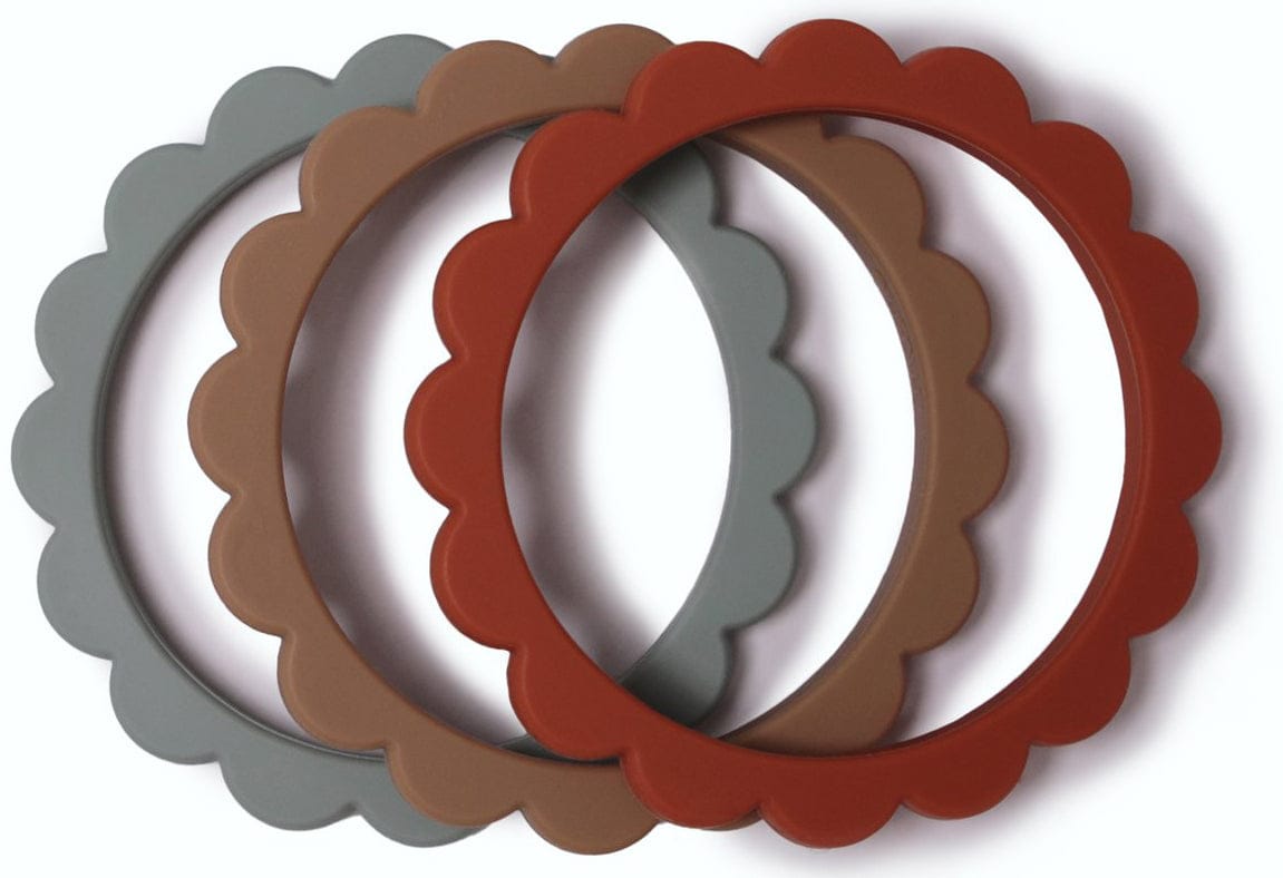 Mushie Flower Teething Bracelet 3-Pack - Cambridge Blue/Clementine/Natural - MFB-404