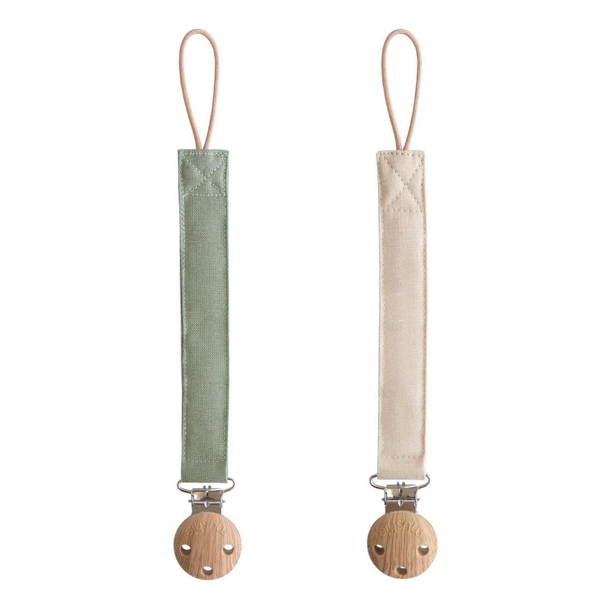 Mushie Linen Pacifier Clip 2-Pack - Olive / Shifting Sand - LPC-103