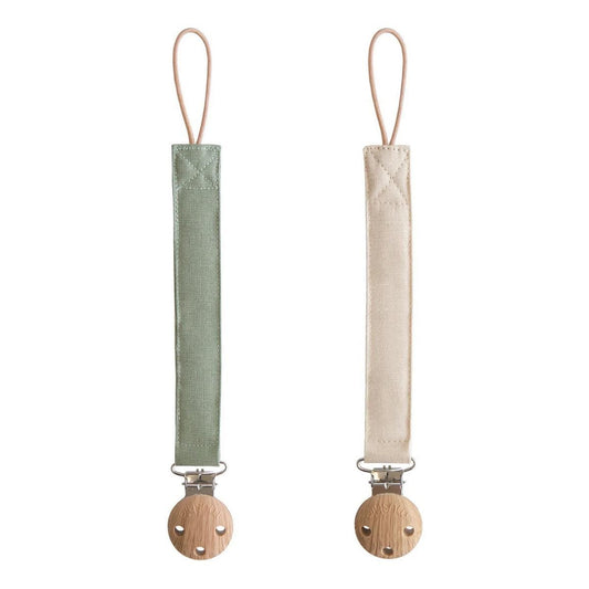 Mushie Linen Pacifier Clip 2-Pack - Olive / Shifting Sand - LPC-103