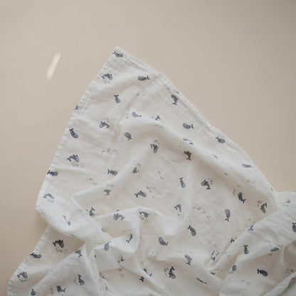 Mushie Organic Cotton Muslin Swaddle Blanket - Whales - MS-239