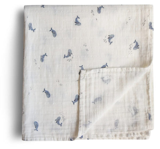 Mushie Organic Cotton Muslin Swaddle Blanket - Whales - MS-239