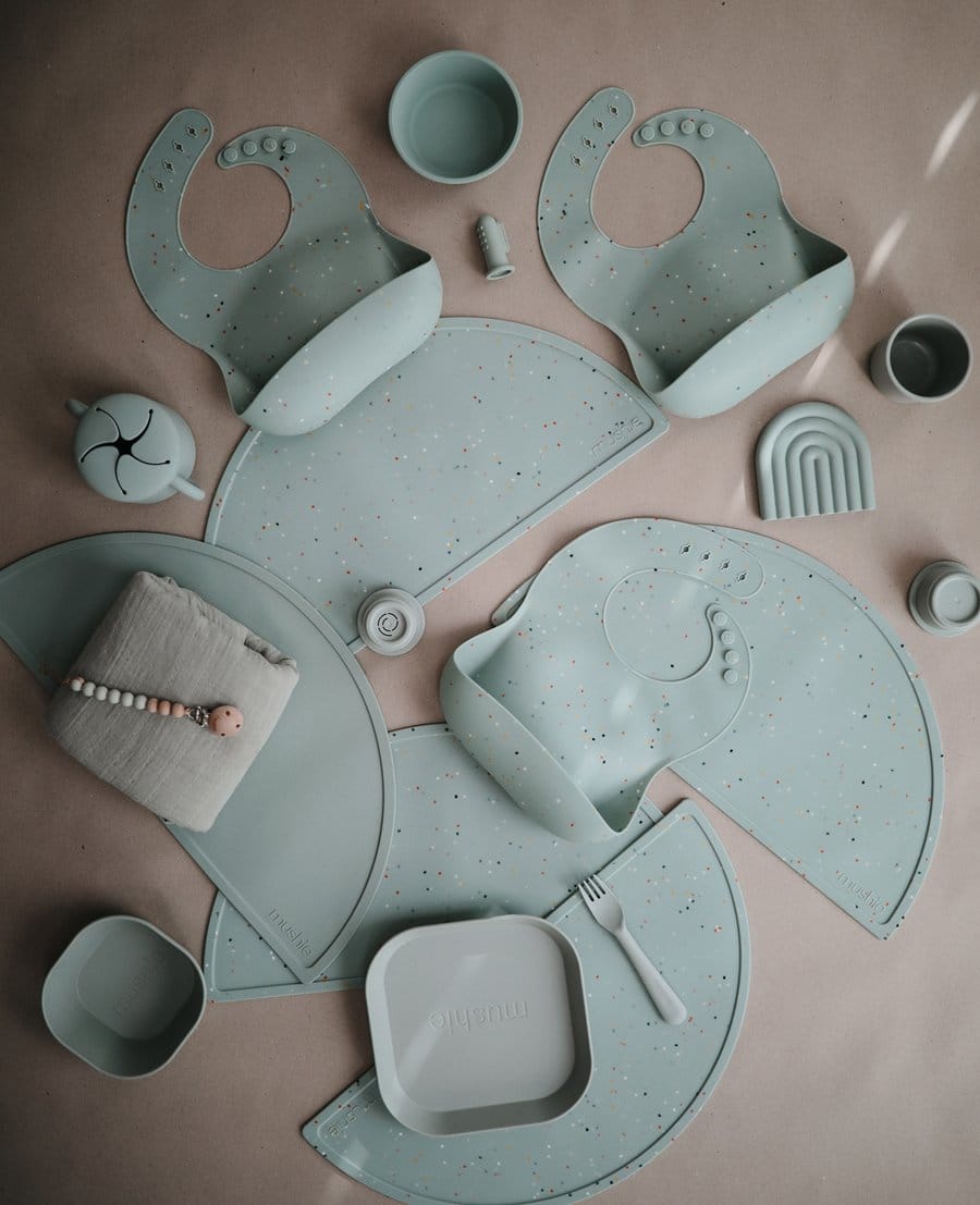 Mushie Silicone Baby Bib - Cambridge Blue Confetti - SB-1046