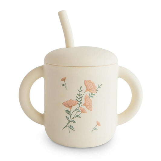 Mushie Silicone Training Cup + Straw - Pink Flowers - STC-201