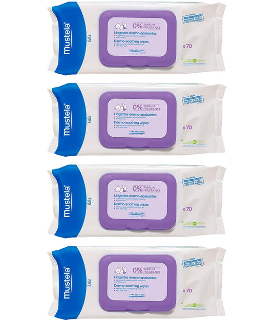 Mustela Dermo-Soothing Wipes, Fragrance Free, 70 Wipes (4-Pack) - 1111-4PK