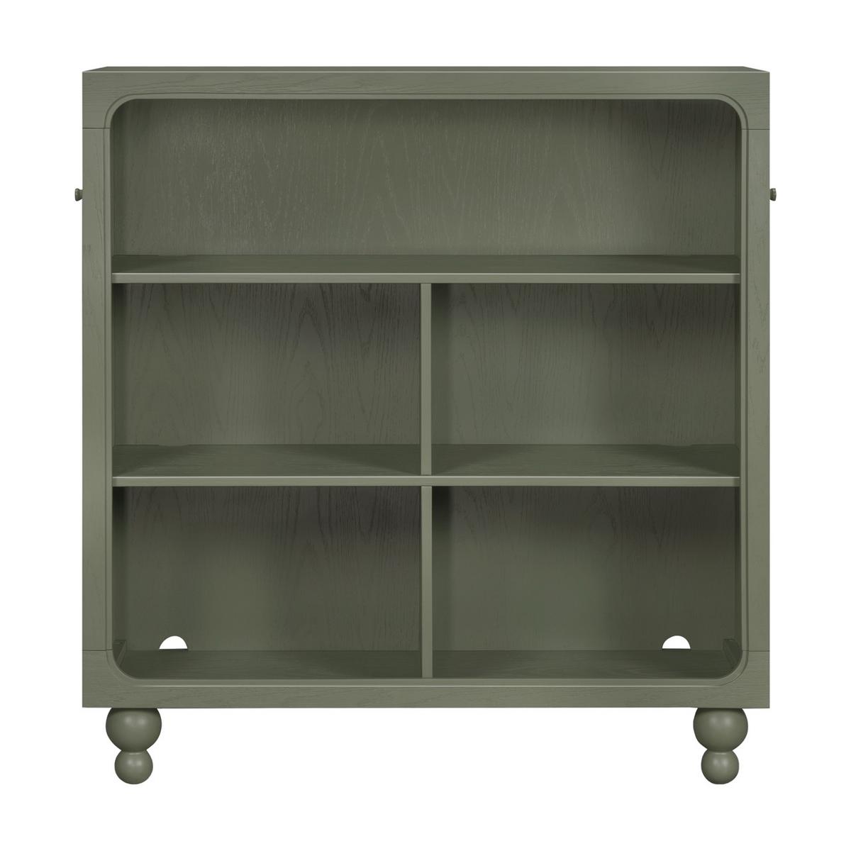 Babyletto olive green wooden bookcase with four open storage compartments and rounded feet