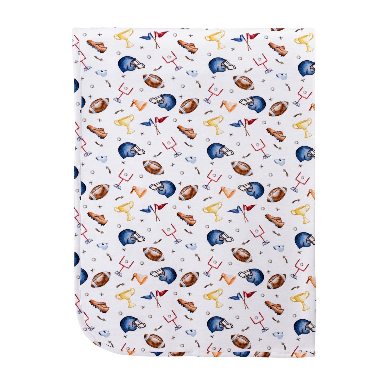 Baby Club Chic baby blanket with football themed pattern of helmets balls trophies and goal posts