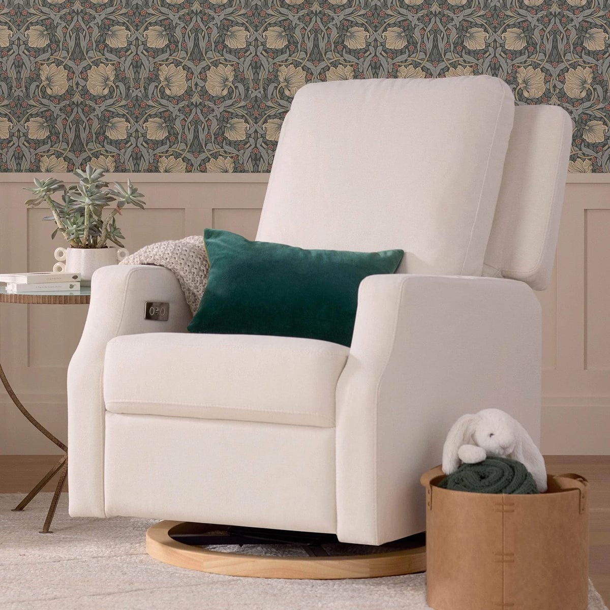 Namesake Crewe Electronic Swivel Glider Recliner w/ USB - Performance Cream Eco-Weave w/Light Wood Base - M22286PCMEWLB