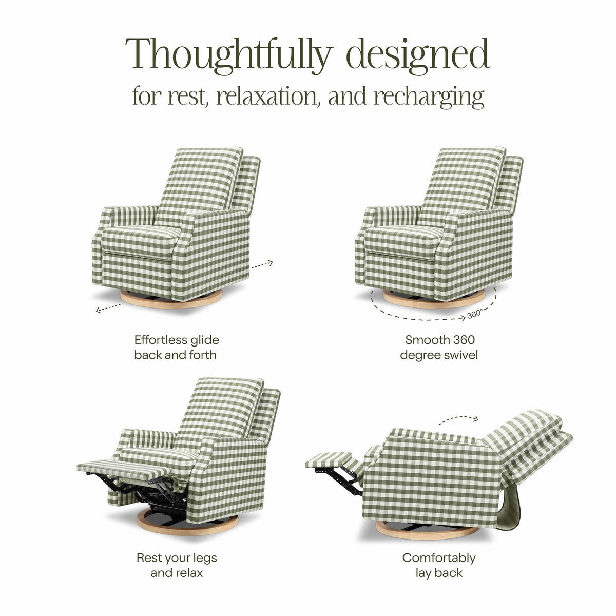 Namesake Crewe Recliner and Swivel Glider - Moss Green Gingham with Light Wood Base
