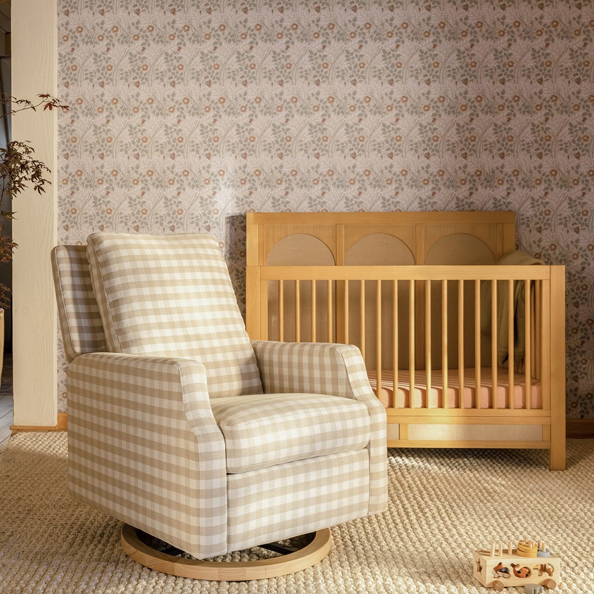 Namesake Crewe Swivel Glider Recliner - Tan Gingham w/Light Wood Base - M22287TGHLB