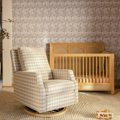 Namesake Crewe Swivel Glider Recliner - Tan Gingham w/Light Wood Base - M22287TGHLB