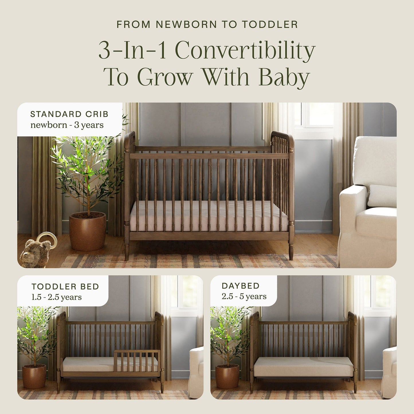Namesake Liberty 3-in-1 Convertible Spindle Crib w/Toddler Bed Conversion Kit - Natural Walnut - M7101NL