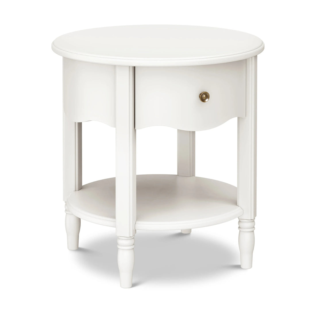 Namesake white round bedside table with one drawer and lower shelf