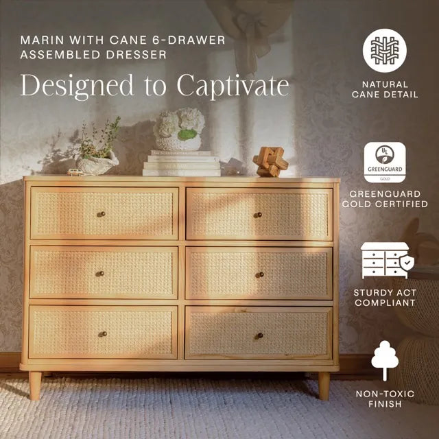 Namesake Marin with Cane 6 Drawer Assembled Dresser - Honey / Honey Cane - M23716HYHC