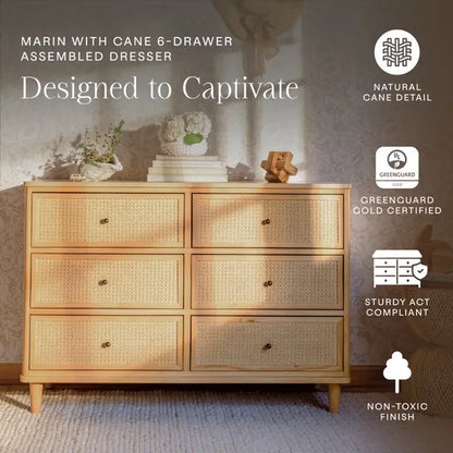 Namesake Marin with Cane 6 Drawer Assembled Dresser - Honey / Honey Cane - M23716HYHC