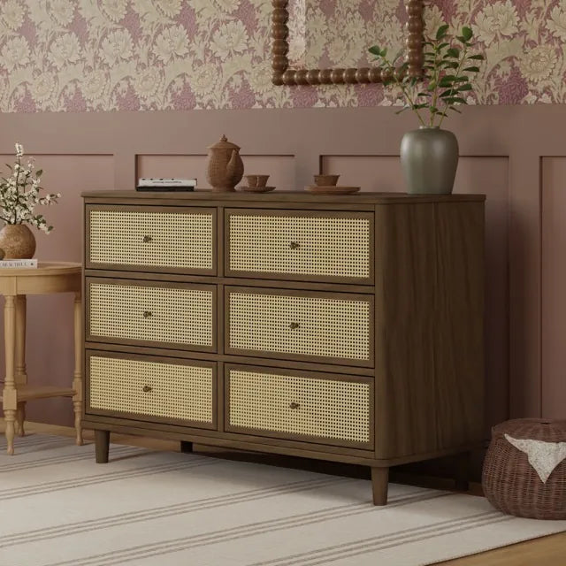 Namesake Marin with Cane 6 Drawer Assembled Dresser - Natural Walnut / Blonde Cane - M23716NLBC