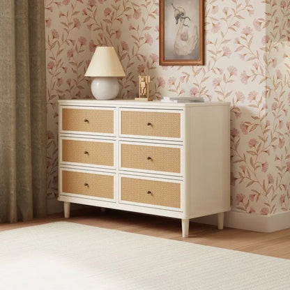 Namesake Marin with Cane 6 Drawer Assembled Dresser - Warm White / Honey Cane - M23716RWHC