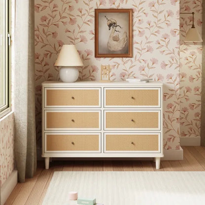 Namesake Marin with Cane 6 Drawer Assembled Dresser - Warm White / Honey Cane - M23716RWHC